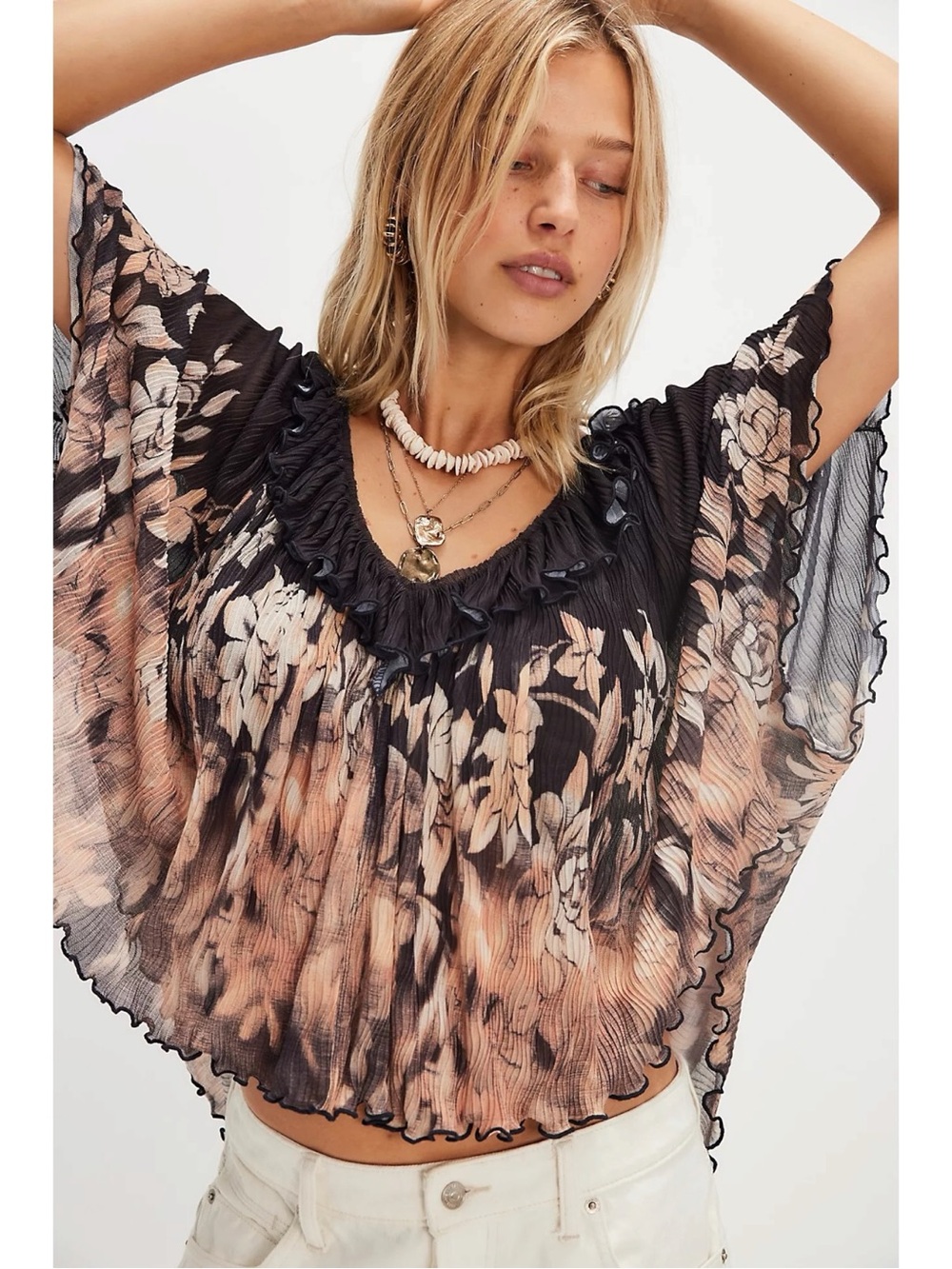 Free People Bohemian Billowy Floral Flora Cape Top Blouse Black Neutral XS NWT